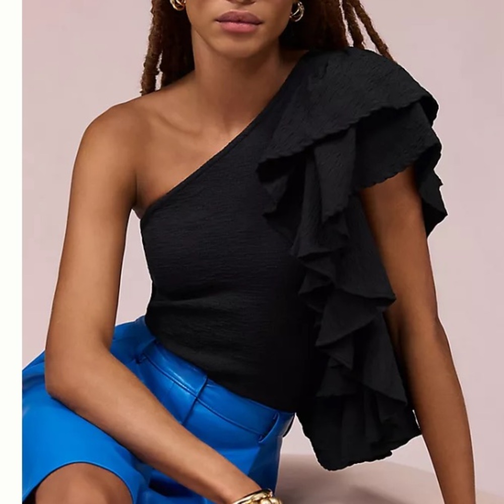 Anthropologie One Shoulder Ruffled Black Texture Women's Blouse Size LARGE
